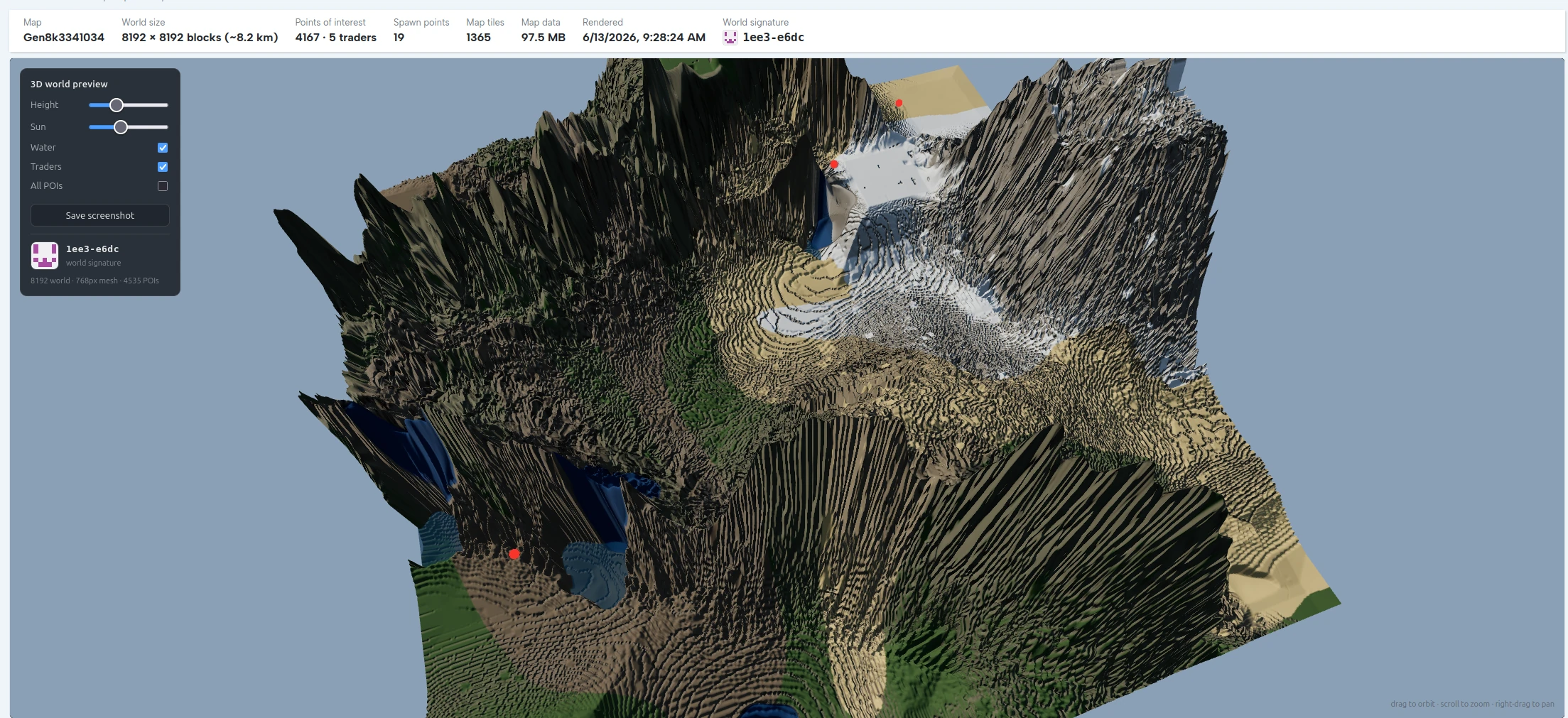 xegen overhead 3D terrain view of a full 8192 7 Days to Die world with snow peaks, water inlets and trader markers