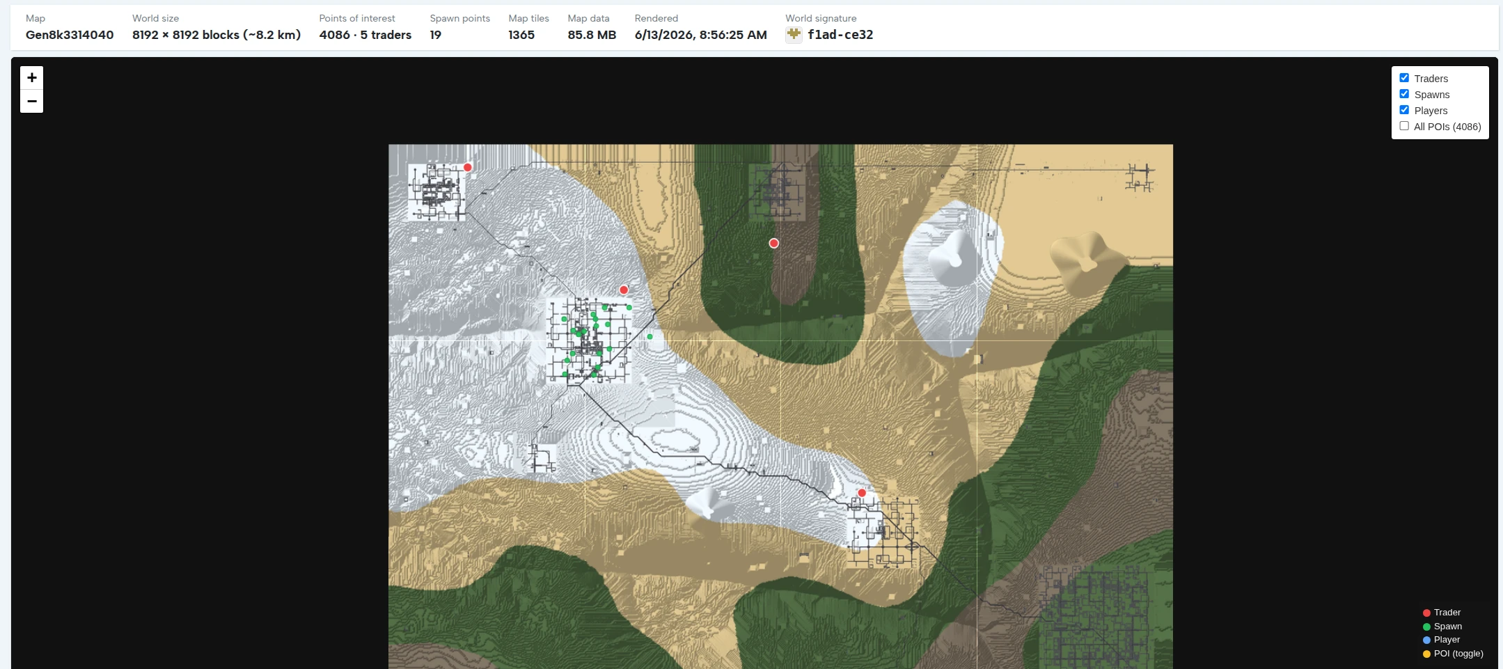 xegen 2D map render of an 8192 by 8192 world showing 4086 POIs, 5 traders and 85.8 MB map data