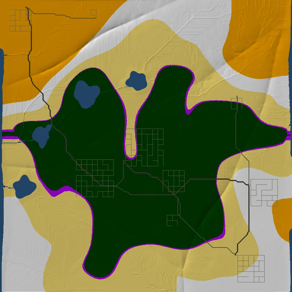 xegen render: pine forest core ringed by its border biome, five town grids, lakes and a full road network