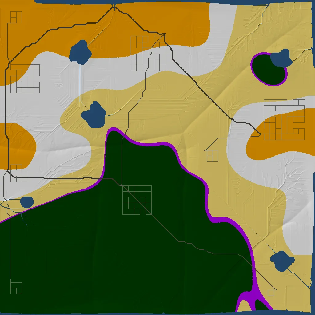 xegen render with region-aware wilderness POIs outside towns, winding biome borders and long highway diagonals